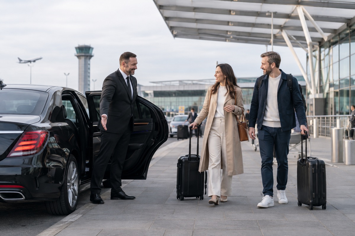Airport transfer driver welcoming passengers with luggage outside the terminal